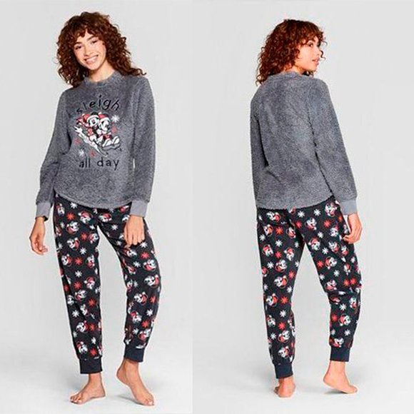 DISNEY Women Plush Gray Fleece Mickey Minnie Mouse Sz S - Picture 2 of 9